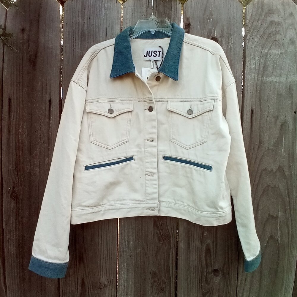 JUST FEMALE ANTHROPOLOGIE SIKA DENIM JACKET XL BUTTON TRIM COLLAR POCKETS CUFF